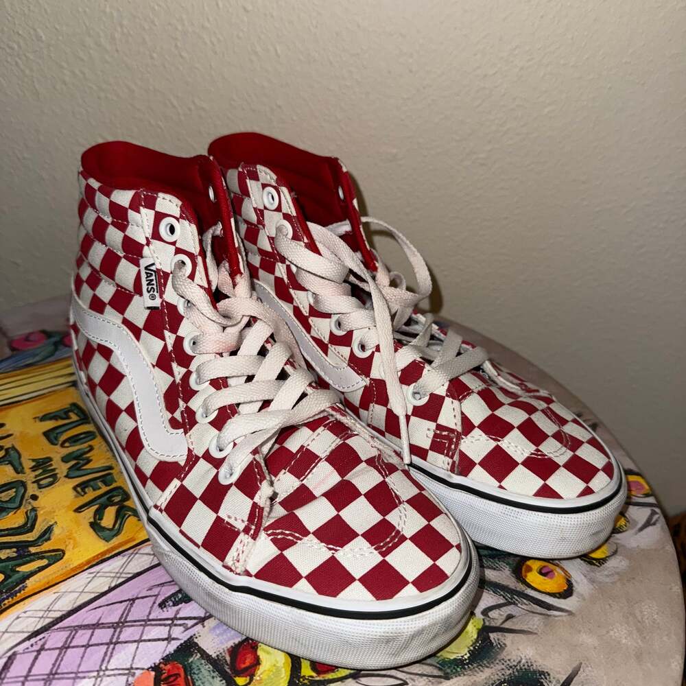 Vans Filmore Hi Red and White Checkerboard High Top Sneakers